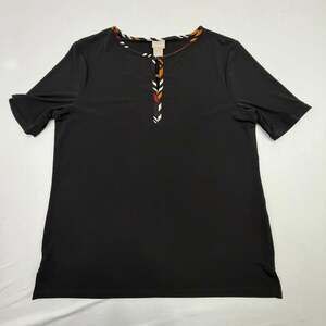 Chico's Black Short Sleeve Keyhole Neckline Blouse with Geometric Print Trim Siz